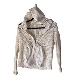 Erin London Y2k Sweater Medium White Hooded Mesh Zip Up Knit Pockets‎ Jacket